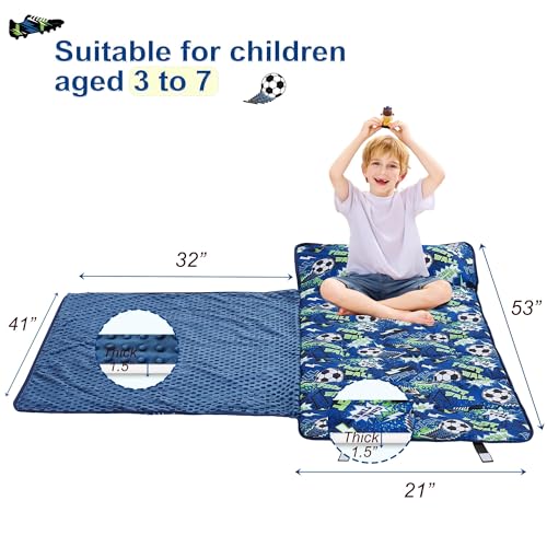 Image of Viviland Toddler Nap Mat with Pillow and Minky Blanket,Rolled Large Sleeping Mat for Boys,Kids Slumber Bag Nap Mat for Preschool, Daycare, Kindergarten, Travel Camping - Soccer Spirit