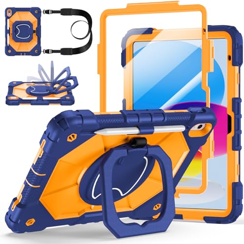 Image of Case for iPad (A16) 11th Generation 11 Inch 2025, Ubearkk for iPad 10th Generation 10.9 inch 2022 case with Screen Protector 360 Degree Rotating Stand Shoulder Strap Pencil Holder, Navy Orange