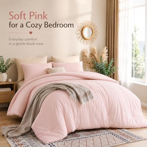 Image of weigelia Pink Comforter Sets King Size Comforter Set 3 Piece Soft Microfiber Comforters Set for Women and Girls Blush Lightweight Alternative Comforter for All Season (1 Comforter, 2 Pillowcases)