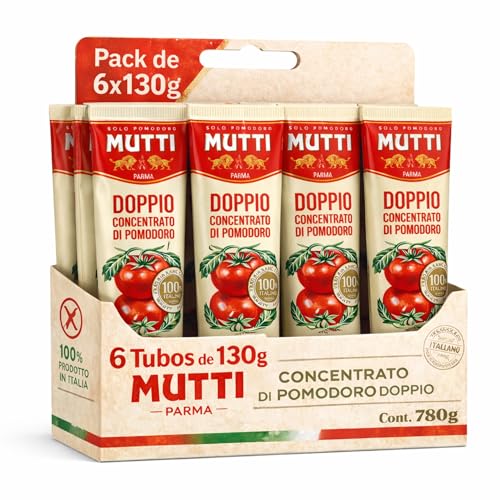 Concentrado de tomate doble Mutti, Pasta de Tomate Doble Concentrada, Hecho de pomodoro 99,5%, sal, Sin Gluten, Sin Lactosa, Producto Italiano, Contiene 6 tubos de 130 gr