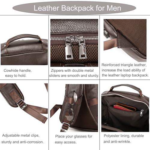 Genuine Leather Backpack Men Casual Daypack 15.6 Inch Laptop Rucksack Business Travel Outdoor Shoulder Bag with Trolley Sleeve (Coffee)4