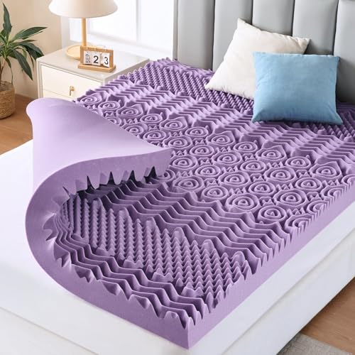 MUXHOMO 3 Inch 7-Zone Queen Mattress Topper Egg Crate Memory Foam Mattress Topper Queen Size for Back Pain Lavender Gel Infused Bed Pad CertiPUR-US and Oeko-TEX Certification (6080)