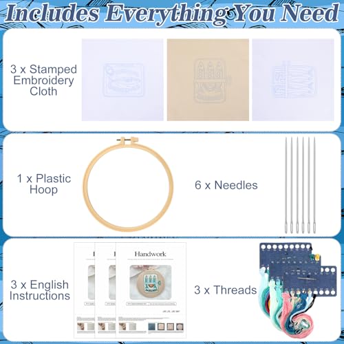 Image of Mindsoft 3 Set Needlepoint Kit for Beginners with Hoop,Sardine