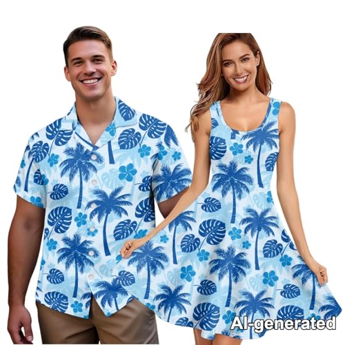Image of Hawaii Matching Couple Outfits Husband and Wife Clothing Fashionable Mens Casual Shirts Hawaii Dress with Soft Fabric