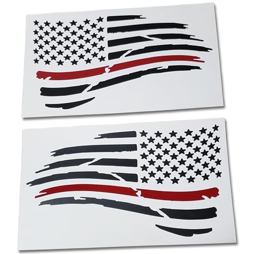 Image of Matte Black American Flag with Gloss Thin Red Line Firefighter Decal Sticker, Fire Department, Fire Truck, Red Lives Matter (4 inch x 7 inch)