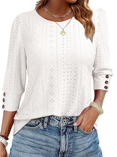ANRABESS Womens Tops 3/4 Sleeve Dressy Casual Blouses with Buttons Summer Eyelet Business Shirts Tunics 2026 Spring Clothes Cream White Medium