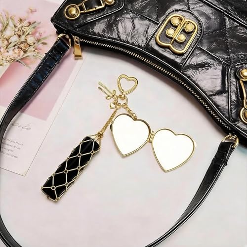 Image of Metal Lipstick Holder with Mirror Golden Heart Clasp Portable Lipstick Organizer Case Makeup Lip Balm Holder Bag Charm Accessories Compact Travel Cosmetic Storage for Women (Lipstick Not Included)