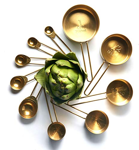 Akurn 10-Piece Measuring Cup and Spoon Set Includes 5 Measuring Cups and 5 Measuring Spoons Gold-Plated Stainless Steel Measuring Cups and Spoons Dishwasher Safe