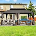 Domi 12’ x 18’ Outdoor Hardtop Gazebo, Upgraded Metal Gazebo with Galvanized Steel Double Roof, Heavy Duty Canopy Permanent Pavilion for Patio Lawn and Garden, Curtains and Netting Included, Brown