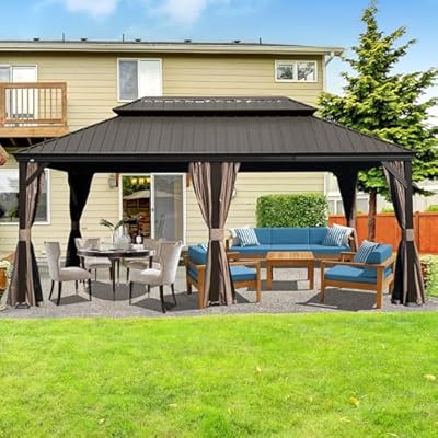 Domi 12’ x 18’ Outdoor Hardtop Gazebo, Upgraded Metal Gazebo with Galvanized Steel Double Roof, Heavy Duty Canopy Permanent Pavilion for Patio Lawn and Garden, Curtains and Netting Included, Brown