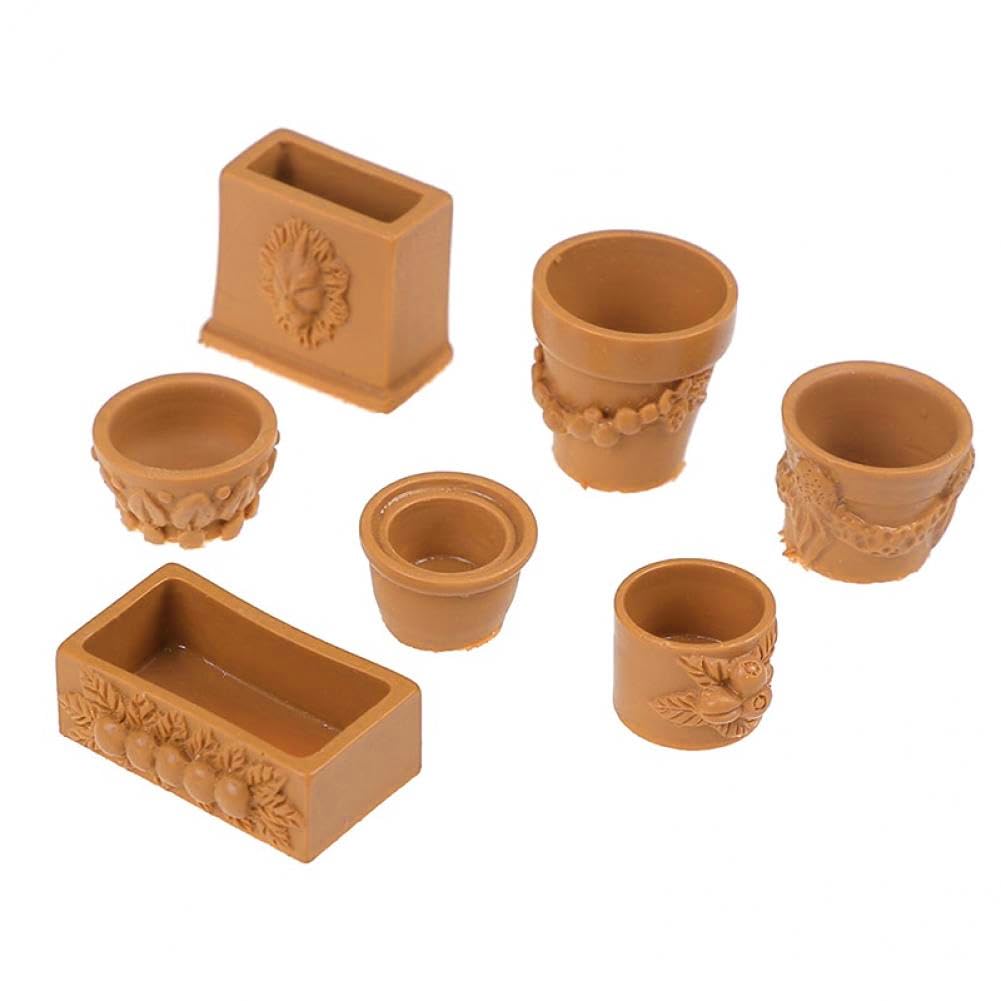 Byfri 7 Pcs/Set Mini Miniature Bonsai Flower Pot For 1/12 Dollhouse Fairy Garden Decor Accessories House Collectibles