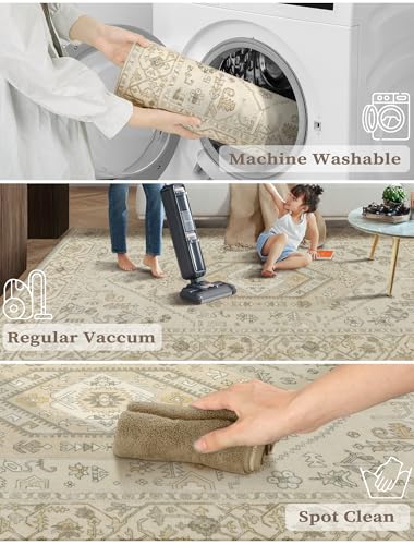 SERISSA Runner Rug for Hallways, 2'6"x10' Washable Non Slip Kitchen Runner Rug, Long Boho Rug Vintage Beige Hallway Stair Ultra Soft Print Floor Carpet for Bedroom Bathroom Laundry Room