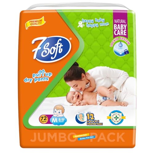 Image of 7 Soft Baby Pull Up Dry Pants Diapers | Medium (M) 5-11 kg | Up to 12 Hours Absorption | Soft & Breathable | Leak Lock System | Jumbo Pack 72 Count