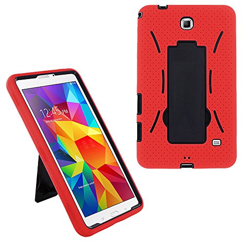 Galaxy Tab 4 7.0 2014 T230 Case, KIQ Shockproof Heavy Duty Dual-Layer Full-Body Rugged Kickstand Screen Protector Case Cover for Samsung Galaxy Tab 4 7-inch SM-T230 (Hybrid Black-in/Red)