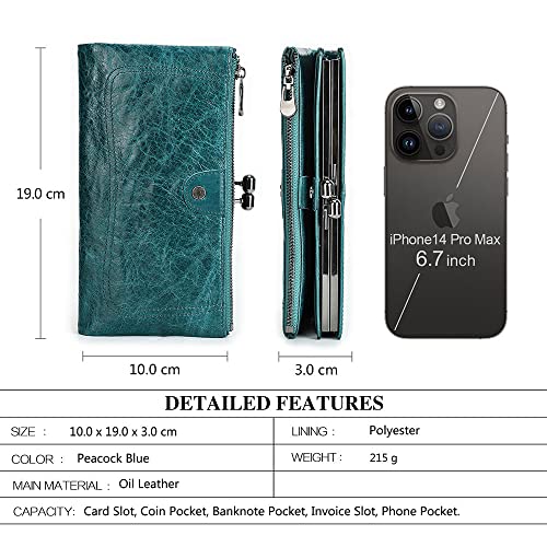 CONTACTS Full Grain Leather Kiss Lock Wallet for Women Vintage Kiss Clasp Wallet Coin Purse RFID Bifold Phone Wallet Card Holder (Peacock Blue)3