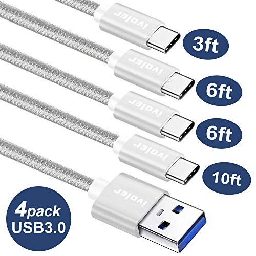 USB C Cable (USB 3.0), iVoler [4 Pack:3FT 6FTx2 10FT] Braided Nylon Type C Charger Cables Fast Charging Cord for Samsung Galaxy S10 S10e Plus Note 9 S9 S8 Plus Google Pixel XL Nintendo Switch (Silver)