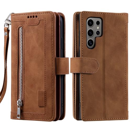 Coque cuir Samsung Galaxy S25 Ultra haut de gamme marron avec béquille de visionnage