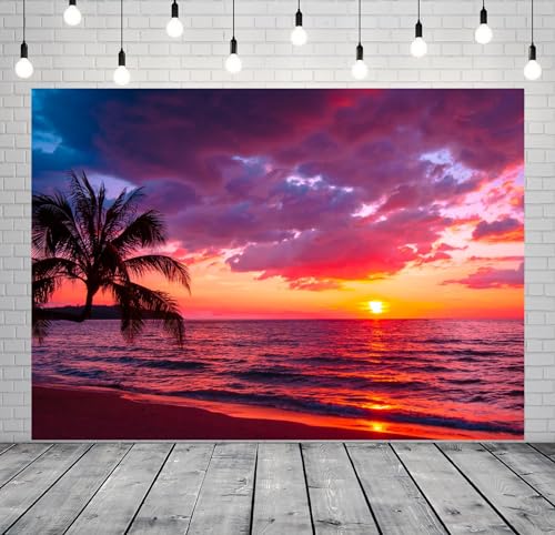 BELECO 7x5ft Fabric Sunset Beach Backdrop Tropical Seaside Coconut Palm Trees Background Backdrop Summer Beach Sunset Hawaii Luau Party Decorations Birthday Photoshoot Studio Photo Props - Thumbnail 2