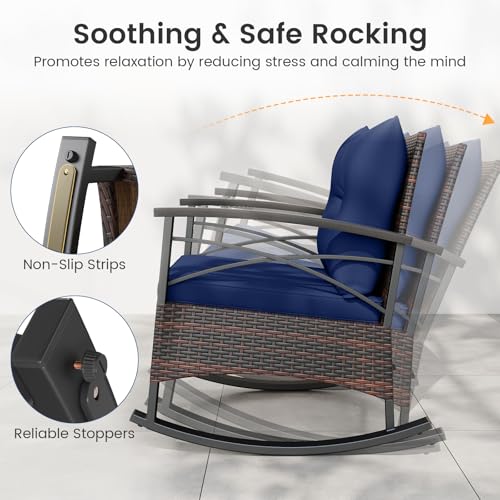 Image of Tangkula 3 Pieces Wicker Outdoor Rocking Chairs Set | Heavy Duty Cushioned Rattan Patio Rocker Bistro Set, 2-Tier Side Table w / Acacia Wood Tabletop, for Porch Balcony Backyard