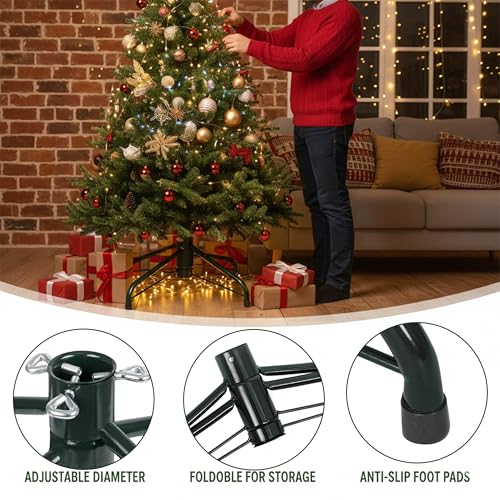 Metal Christmas Tree Stand for 3–8ft Artificial Trees – Heavy Duty 23.6\" Foldable Base Fits 0.5–1.26\" Poles | Rust-Proof Dark Green Stand with Non-Slip Pads for Secure Setup