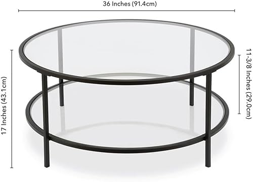 Miniatura 3 de Pemberly Row Mesa de centro redonda con base de metal de dos estantes en negro con tapa de vidrio