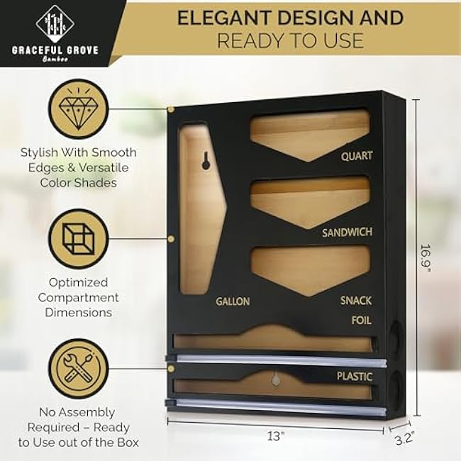 6-in-1 Bamboo Food Storage Bag Organizer for Drawer ¨C Holds Gallon, Quart, Sandwich, Snack Bags & 12 Foil or Plastic Rolls - Plastic Bag Organizer with Wrap Dispenser & Built-In Cutter, Black