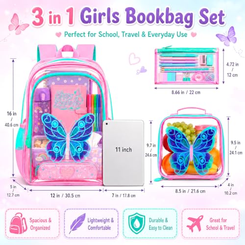 Image of WZLVO Kids Clear Backpack for Girls with Fluttering Wings, 16 inch Heavy Duty PVC Transparent Bookbag with Frame Reflective Strip, Cute See Through School Bags for Elementary Preschool - Butterfly Pink