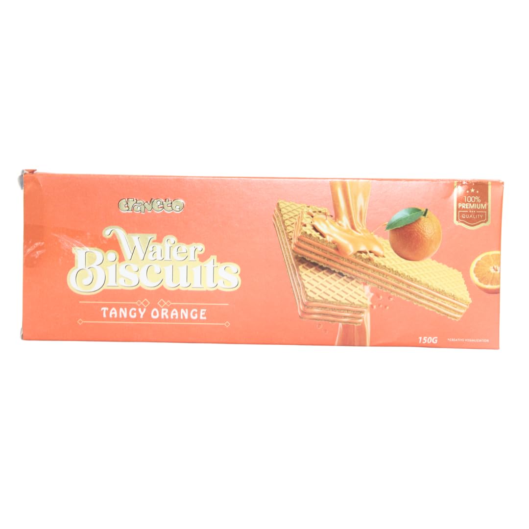 Craveto's Tangy Orange Wafer Biscuits - 150g | Zesty Orange Flavoured Biscuits | Crunchy Wafer | Snack time | Pack of 1