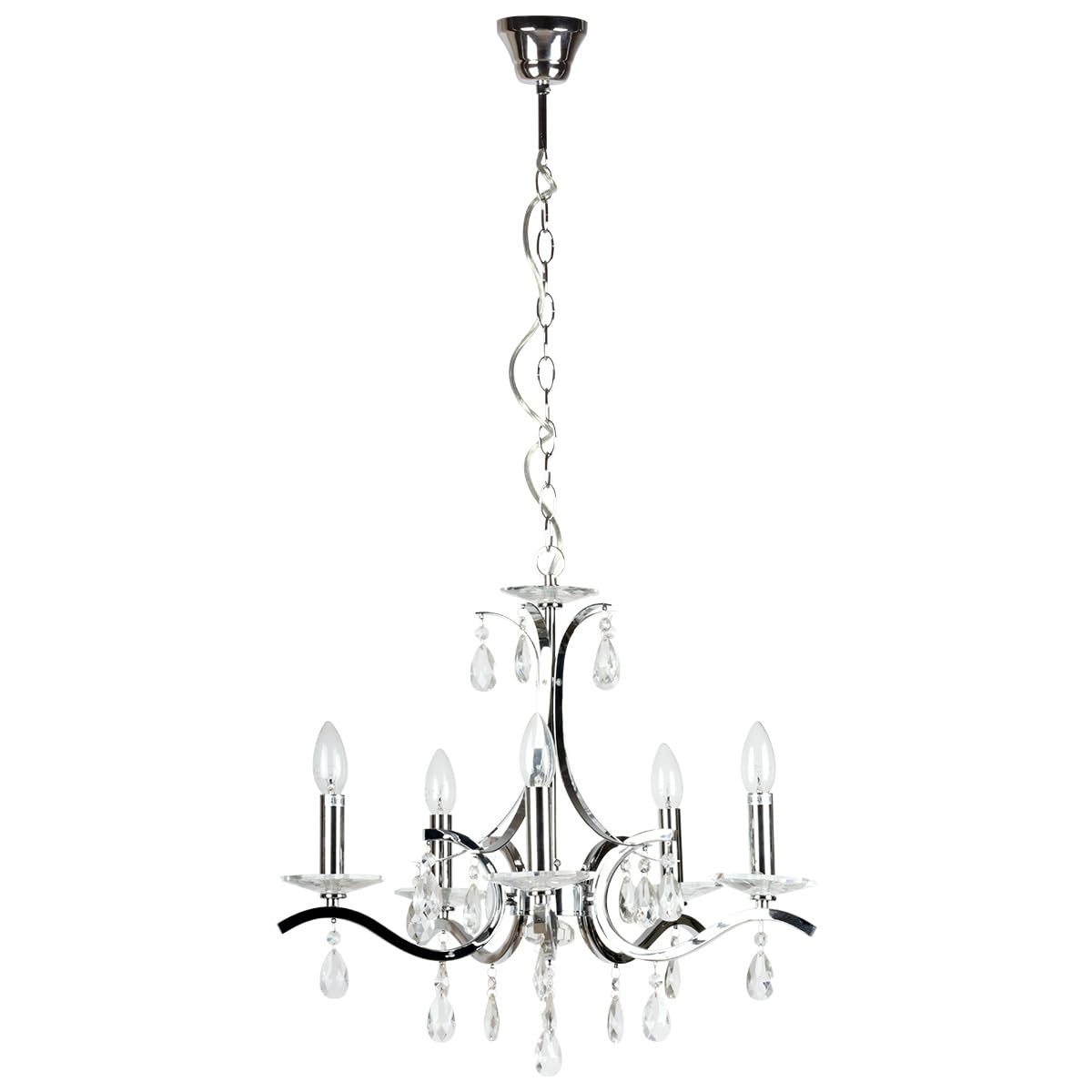 Tekled Chrome,Clear Elegant Chrome Chandelier Ceiling Light With Crystal Beads | E14 Fitting | Modern Minimalist Design Decorative Lighting | For Living Rooms Dining Halls Hallways | 5 Candle (Bulb Not Included)