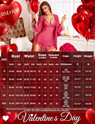 Image of RSLOVE Women Sexy Lingerie Set 3 Piece Babydoll & Lace Kimono Robe Strap Chemise Sleepwear Mesh Nightgown