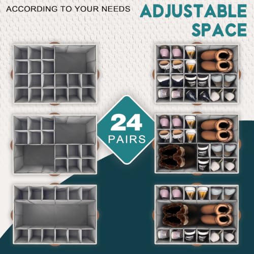 Image of 2 Pack Shoe Organizer for Closet Foldable Storage Box with Clear Cover | Fits 24-48 Pairs Boots and Heels Sneaker Sandals Stackable with Adjustable Divider Space Saving Dorm Grey