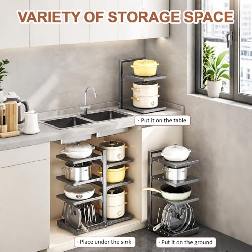 Ruiqas Pots and Pans Organizer for Cabinet, 6+1 Tier Heavy Duty Adjustable Pan Rack,Black Carbon Steel Pot Pan Rack under Sink Organizers - Image 5