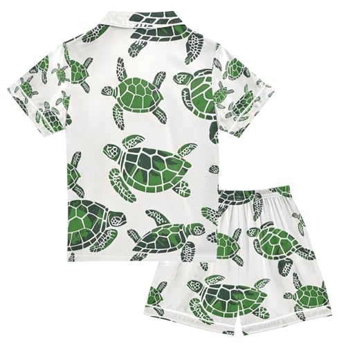 senya Green Sea Turtles Satin Summer Pajama Sets Silk Short Sleeve Button Down Sleepwear2