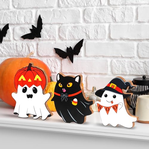 Cute Ghost Halloween Decorations Indoor, Witch Pumpkin Black Cat Candy Corn Wooden Tiered Tray Signs Decor for Table Office Desk Fireplace Mantle (Set of 3)