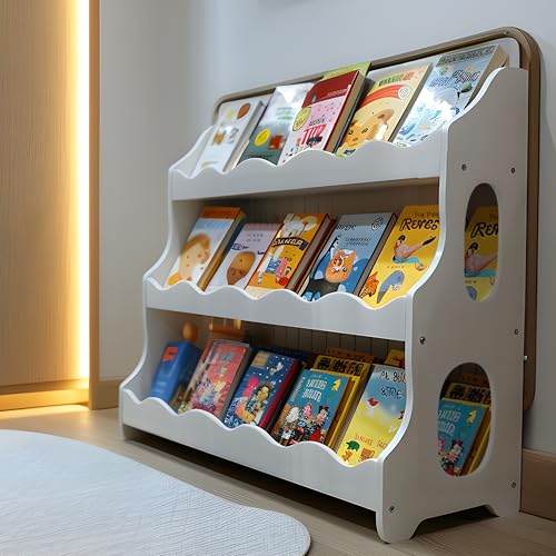 Image of AMMEHOELA Kids Bookshelf Wooden Montessori Book Shelf Dutch Design 3Tier Scalloped,SnowfallWhite