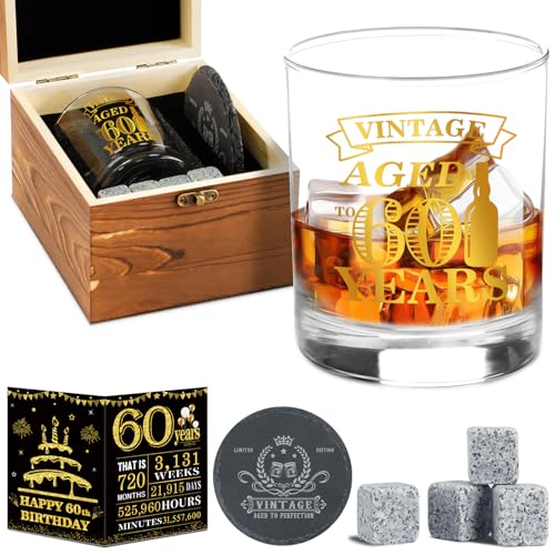 60th Birthday Gifts for Men - Vintage Whiskey Glass Set, 60th Birthday Decorations for Men Personalized Gifts for Him, Dad, 60 Year Old Man - Wood Box & Whiskey Stones & Coaster & Anniversary Card