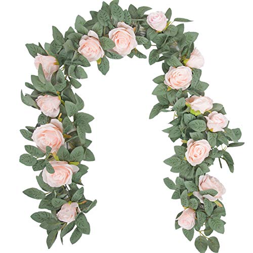 Der Rose 2 Pcs 13Ft Artificial Eucalyptus Flower Garland with Fake Silk Rose Flower Vine Rose Leaves Greenery Garland for Wedding Arch Table Wall Backdrop Party Room Decor (Pink) Pink Rose 2