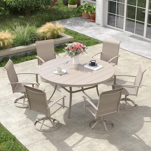 Image of VICLLAX 53 inch Round Patio Table, Outdoor Dining Table for 8 with Umbrella Hole for Garden Lawn Deck Backyard, Sandshell