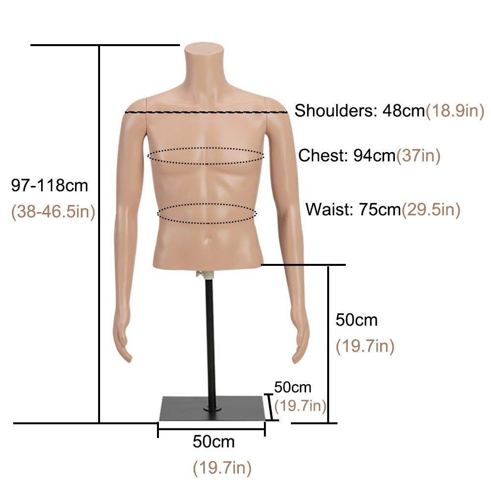 Torso di manichino maschio a metà corpo in plastica, manichino per uomo adulto con braccia staccabili, display modello manichino torso tono carne (dimensioni: 97-118 cm di altezza) Interessante (
