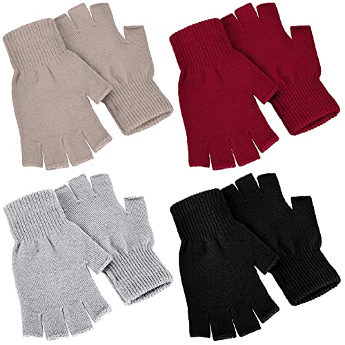 Nuanchu 4 Paar Winter Halbfinger Handschuhe Strick Fingerlose Fäustlinge für Herren Damen (Schwarz, Rot, Khaki, Hellgrau)