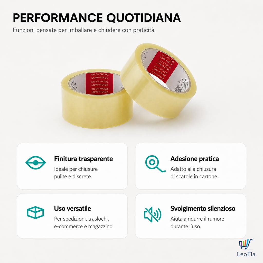 Set 36 Rotoli di Nastro Adesivo Trasparente in PPL, 6 Confezioni da 6 Rotoli, Confezione singola 30 x 20 x 5 cm - Nastro da Imballo Silenzioso per Spedizioni, Scatole, Traslochi e Ufficio