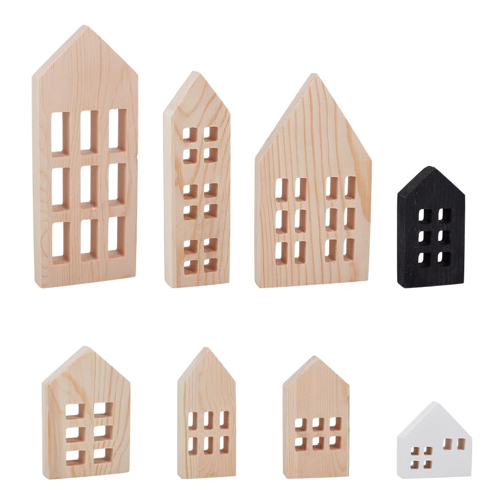 OLYCRAFT 8 Pack Wooden House Blocks Natural Pine Wood Blocks House Shaped Decor Block Wooden Coutouts Multi-Size Unfinished Wood Decor for DIY Home Bookshelf Kitchen Coffee Bar Ornaments