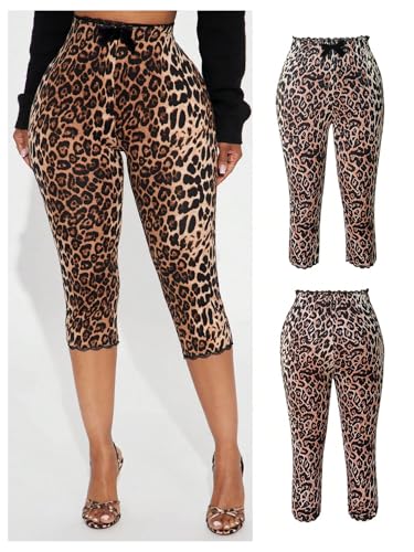 Women's Y2K Leopard Lace Cropped Leggings High Waisted Bowknot Skinny Workout Capri Pants2