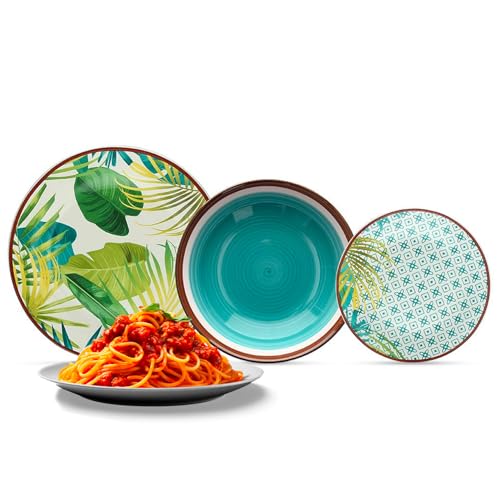 Avilia Servizio da Tavola 18 Piatti in Porcellana Resistente con Design Botanico Tropicale - Ideale per Uso Quotidiano con Piatti Piani, Fondi e da Frutta - Versatili e Lavabili in Lavastoviglie