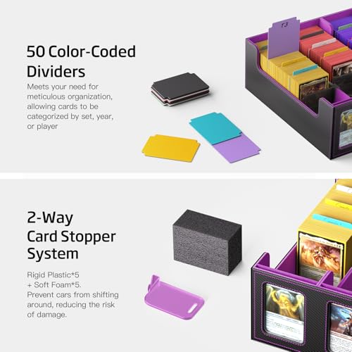 Image of 3900+ Trading Card Storage Box for MTG TCG PTCG Sports Card, Black Purple | 5-Row 3900+ Capacity Card Case, Magnetic Lid & Commander Display, Top Loader Storage, Includes Dividers & Dice Box