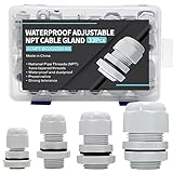 33PCS Cable Gland Waterproof Kit White IP68, Plastic Cable Connectors Black Nylon Adjustable 3-18mm with Locknut and Washer,Electrical Conduit Fitting 1/4” 3/8”1/2”3/4” Strain Relief Cord Grip