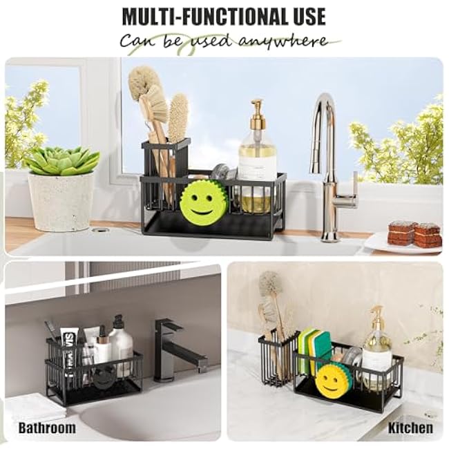 Kitchen Sink Organizer,Sink Caddy Organizer with Removable Brush Holder,Self-Draining Countertop Organizers and Storage Essentials,Home Decor and Kitchen Gadgets-Black