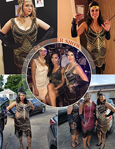 Plus Size 1920S Vintage Fringed Gatsby Sequin Beaded Tassels Hem Flapper Dress For Women (Black Gold, Large) #TOP3