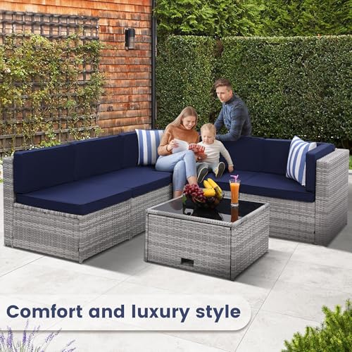 Image of KROFEM 8 Piece Patio Furniture Set, Outdoor Modular Conversation Set | UV Treated Wickers, Machine Washable Cushions, Seats 6, 2 Hidden Storage Compartments, Rustproof Frame, Waterproof, Blue