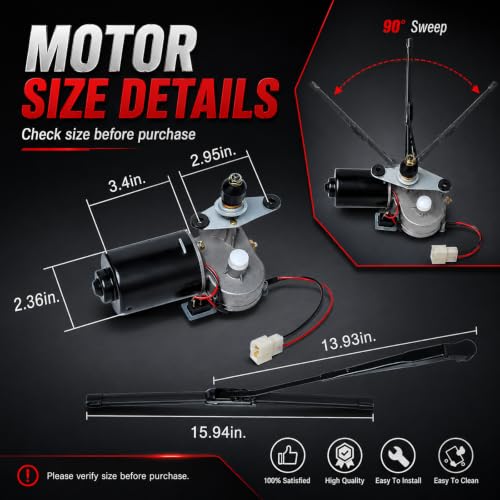 Image of 12V UTV Windshield Wiper Kit with 16 Inch Blade, 90 Sweep Motor Assembly | Compatible with Polariss RZR Ranger Can-Am Kubota Kawasaki Kymco Electric Windshield Wiper Kit for Clear Off-Road Visibility